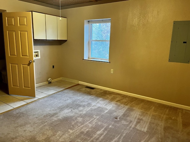 2481 Elk Way, Newport, TN 37821 - washroom with electric panel, cabinet space, electric dryer hookup, washer hookup, and carpet flooring