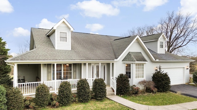 new england style home with covered porch, driveway, roof with shingles, and an attached garage