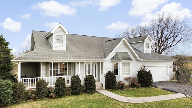 cape cod home with driveway, a shingled roof, a porch, and a front yard