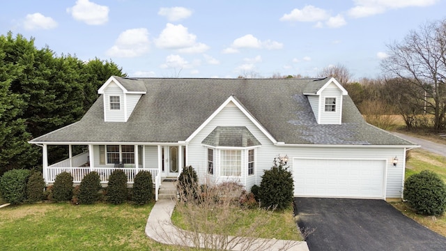 new england style home with an attached garage, covered porch, driveway, roof with shingles, and a front yard