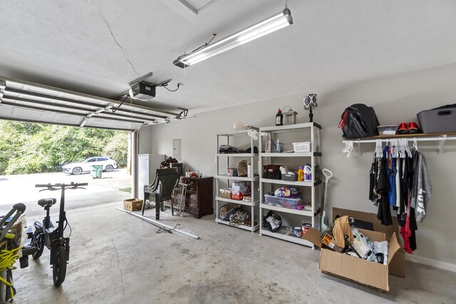 garage with electric panel and a garage door opener