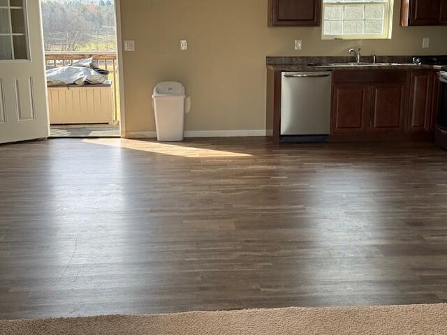 kitchen featuring dark countertops, a sink, stainless steel appliances, and dark wood-style flooring