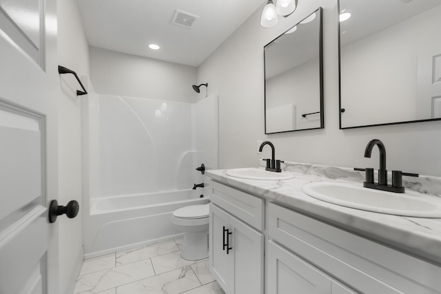 2490 Stream View Ln, Morristown, TN 37814 - full bathroom with double vanity, shower / bath combination, marble finish flooring, and recessed lighting