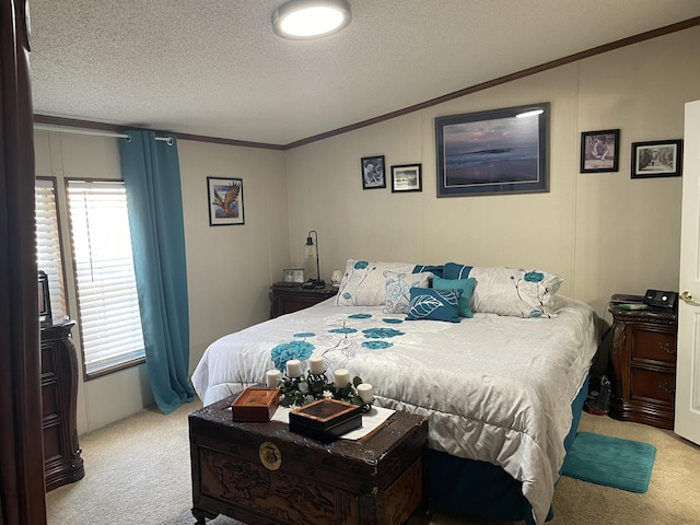 carpeted bedroom with vaulted ceiling, crown molding, a textured ceiling, and multiple windows