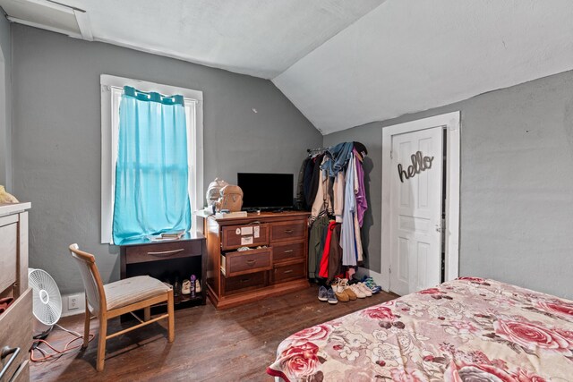 bedroom featuring wood finished floors and lofted ceiling