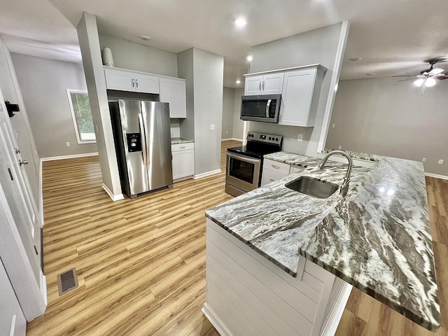 kitchen featuring white cabinetry, kitchen peninsula, sink, and appliances with stainless steel finishes