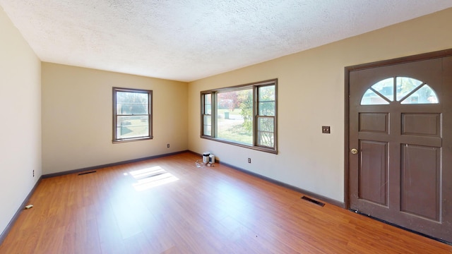 entryway with a textured ceiling, light hardwood / wood-style flooring, and plenty of natural light