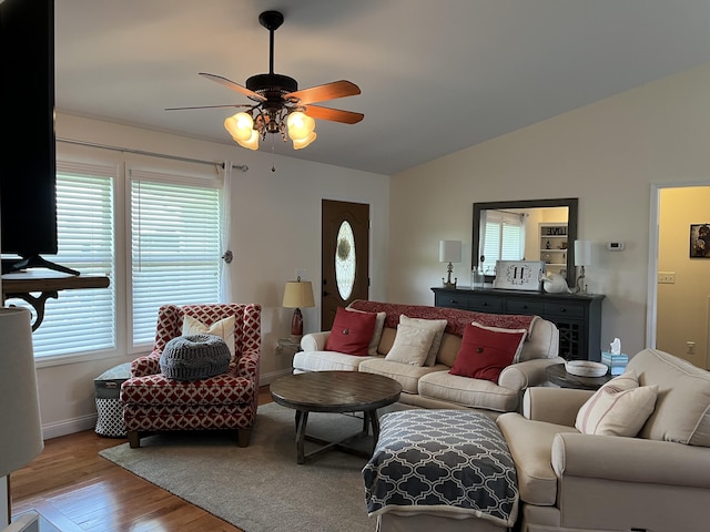 122 Florence Cir, Dandridge, TN 37725 - living room featuring ceiling fan, wood finished floors, baseboards, and lofted ceiling