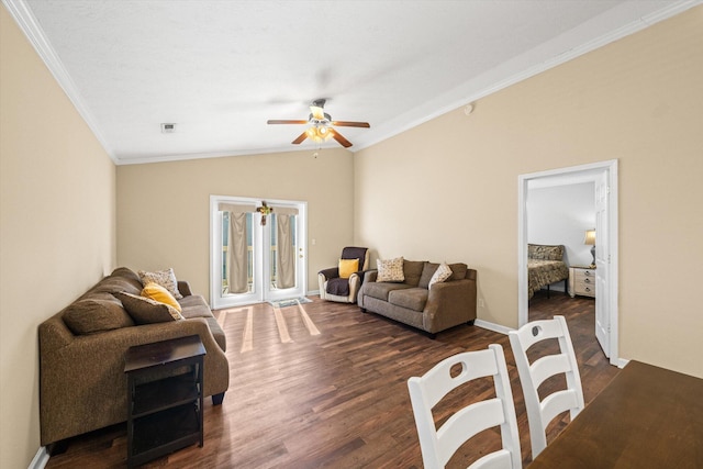 living area with dark wood-style flooring, crown molding, lofted ceiling, ceiling fan, and baseboards