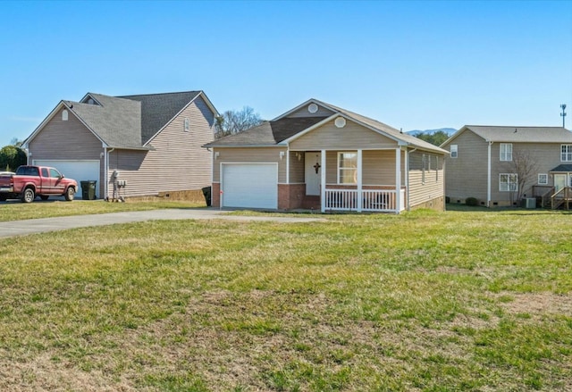 ranch-style house with a porch, a front yard, driveway, and an attached garage