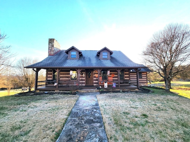 log cabin with covered porch and a front lawn