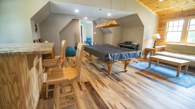 976 Bridgeview Hills Dr, Dandridge, TN 37725 - playroom with vaulted ceiling, recessed lighting, light wood finished floors, billiards, and wood ceiling