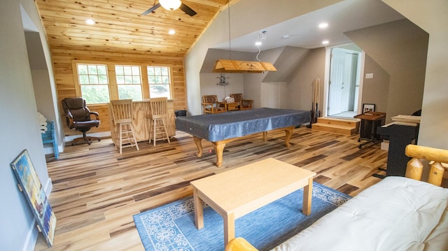 976 Bridgeview Hills Dr, Dandridge, TN 37725 - recreation room featuring lofted ceiling, wood finished floors, ceiling fan, pool table, and recessed lighting