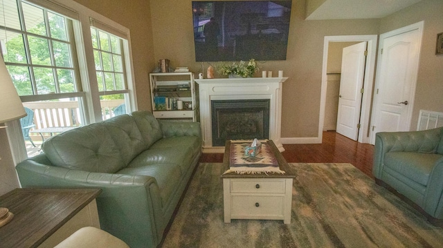 976 Bridgeview Hills Dr, Dandridge, TN 37725 - living room featuring healthy amount of natural light, dark wood-type flooring, and a fireplace with raised hearth