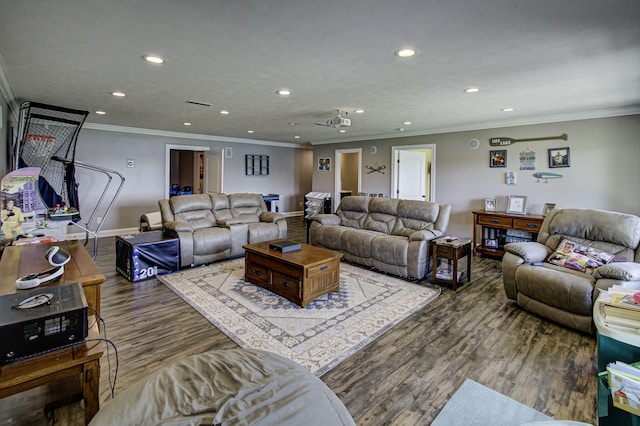 living room with hardwood / wood-style floors and ornamental molding