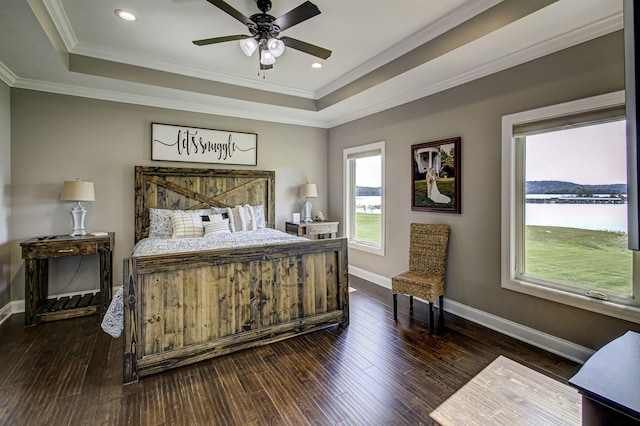 bedroom featuring a raised ceiling, ceiling fan, a water view, and ornamental molding