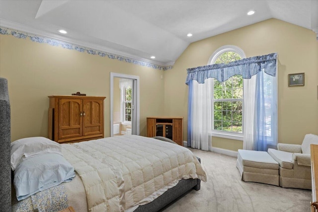 4018 Eagles Nest Dr, Morristown, TN 37813 - bedroom featuring vaulted ceiling, recessed lighting, light colored carpet, baseboards, and ornamental molding
