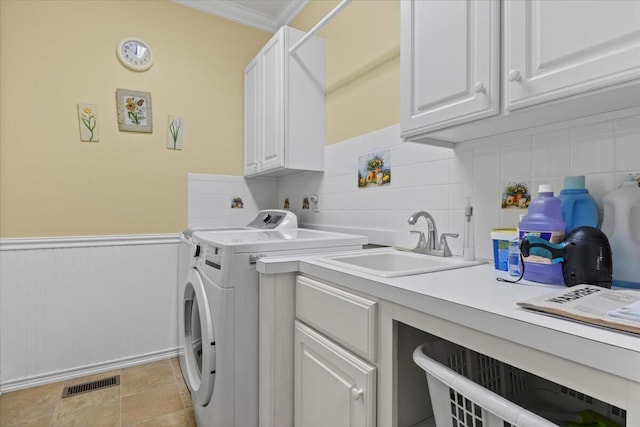 4018 Eagles Nest Dr, Morristown, TN 37813 - washroom featuring beverage cooler, cabinet space, independent washer and dryer, wainscoting, and crown molding