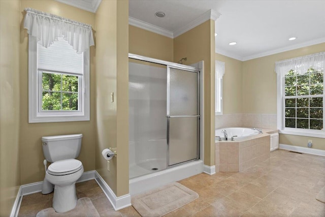 4018 Eagles Nest Dr, Morristown, TN 37813 - bathroom featuring healthy amount of natural light, a stall shower, a garden tub, ornamental molding, and recessed lighting