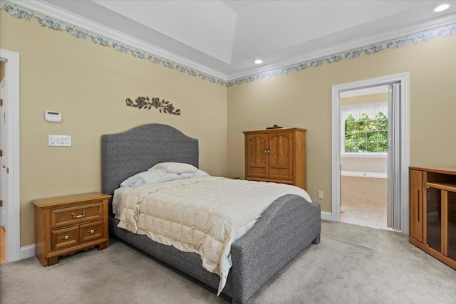 4018 Eagles Nest Dr, Morristown, TN 37813 - bedroom with light colored carpet, crown molding, recessed lighting, ensuite bath, and baseboards
