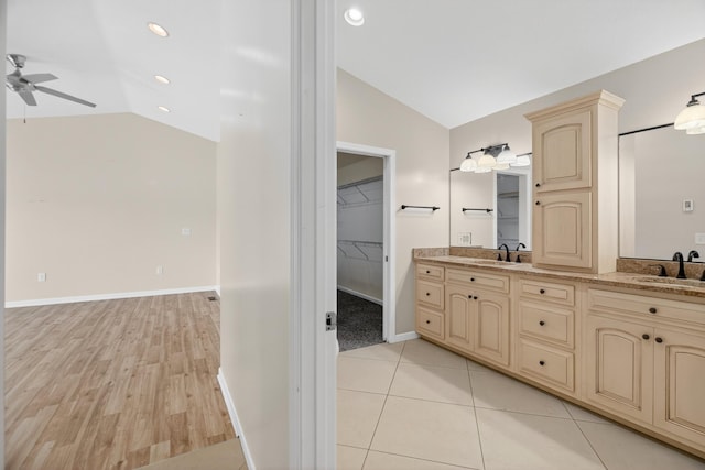 792 Hopper Blf, Rutledge, TN 37861 - bathroom featuring lofted ceiling, double vanity, ceiling fan, a spacious closet, and wood finished floors