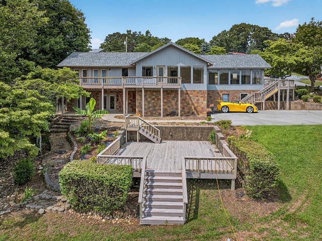 792 Hopper Blf, Rutledge, TN 37861 - back of house featuring stairway, a wooden deck, a shingled roof, and a lawn