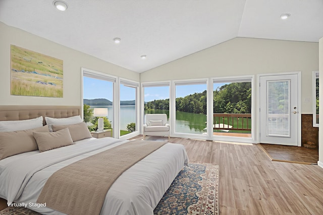 792 Hopper Blf, Rutledge, TN 37861 - bedroom featuring access to outside, vaulted ceiling, wood finished floors, a water view, and recessed lighting