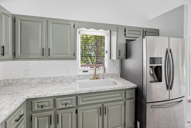 792 Hopper Blf, Rutledge, TN 37861 - kitchen with stainless steel refrigerator with ice dispenser, light countertops, decorative backsplash, and gray cabinets