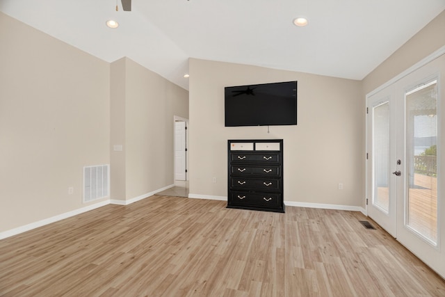 792 Hopper Blf, Rutledge, TN 37861 - unfurnished living room with french doors, light wood-style flooring, ceiling fan, vaulted ceiling, and recessed lighting