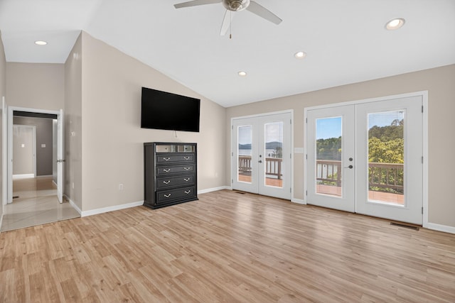 792 Hopper Blf, Rutledge, TN 37861 - unfurnished living room featuring french doors, vaulted ceiling, light wood-type flooring, ceiling fan, and recessed lighting