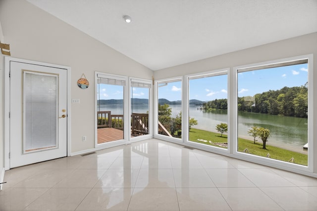 792 Hopper Blf, Rutledge, TN 37861 - unfurnished sunroom featuring lofted ceiling, a water view, tile patterned flooring, and recessed lighting