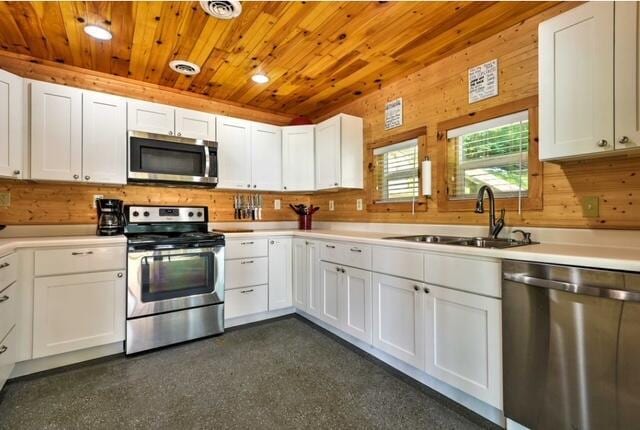 kitchen with sink, wood walls, wooden ceiling, stainless steel appliances, and white cabinets