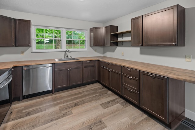 kitchen featuring light wood-style flooring, dark brown cabinetry, stainless steel appliances, a sink, and open shelves