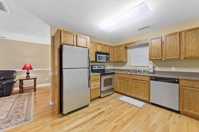 kitchen featuring light wood-type flooring, stainless steel appliances, and sink