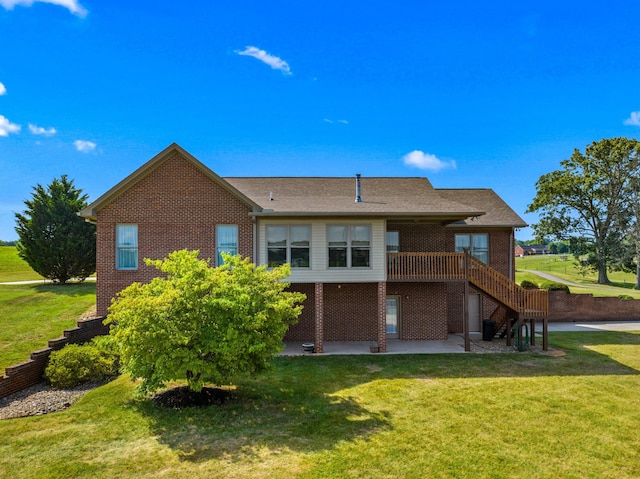 5704 Long Creek Rd, Morristown, TN 37813 - rear view of property with a yard, a patio, brick siding, and stairs