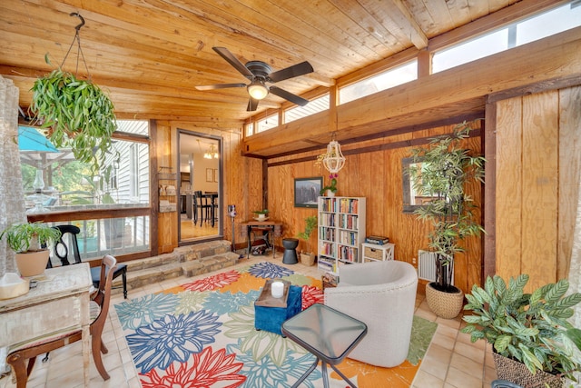 1216 Winding Dr, Sevierville, TN 37876 - tiled living area featuring wooden ceiling, wood walls, healthy amount of natural light, and a ceiling fan