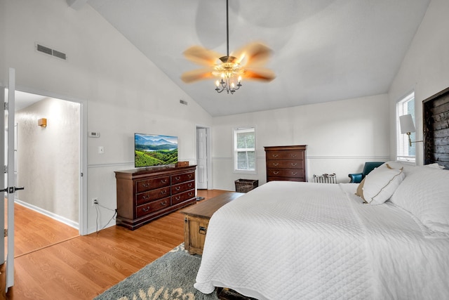 1216 Winding Dr, Sevierville, TN 37876 - bedroom featuring light wood-style floors, high vaulted ceiling, and ceiling fan