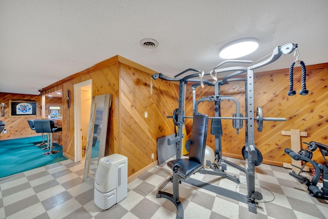 1216 Winding Dr, Sevierville, TN 37876 - exercise area with wooden walls, tile patterned floors, baseboards, and a textured ceiling