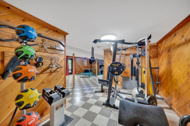 1216 Winding Dr, Sevierville, TN 37876 - exercise area with wood walls, tile patterned floors, and a textured ceiling