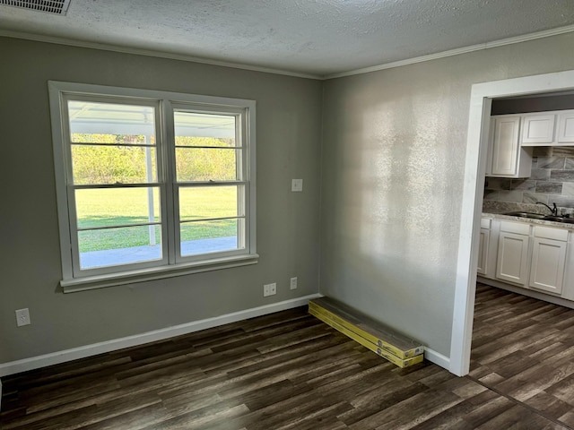 unfurnished dining area featuring sink, dark wood-type flooring, a textured ceiling, and ornamental molding