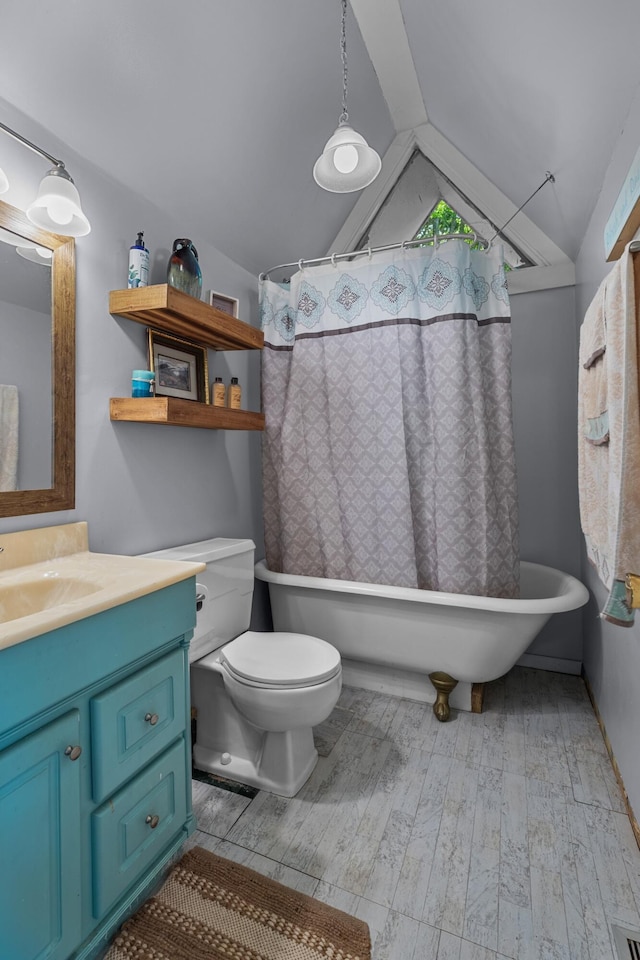 1116 Patterson St, Dandridge, TN 37725 - full bathroom featuring vaulted ceiling, vanity, wood finished floors, and shower / tub combo with curtain