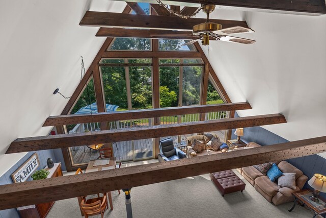 1116 Patterson St, Dandridge, TN 37725 - detailed view of beamed ceiling, a ceiling fan, and carpet floors