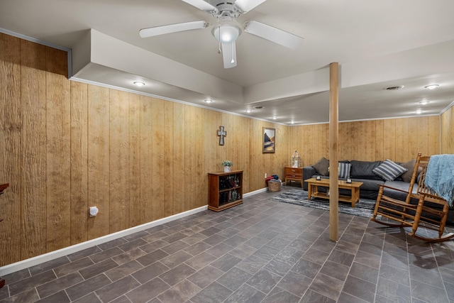 1116 Patterson St, Dandridge, TN 37725 - living area featuring a ceiling fan, wooden walls, and recessed lighting