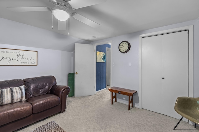 1116 Patterson St, Dandridge, TN 37725 - living room with light colored carpet, a ceiling fan, and lofted ceiling