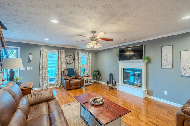 living room with crown molding, ceiling fan, a textured ceiling, and light wood-type flooring