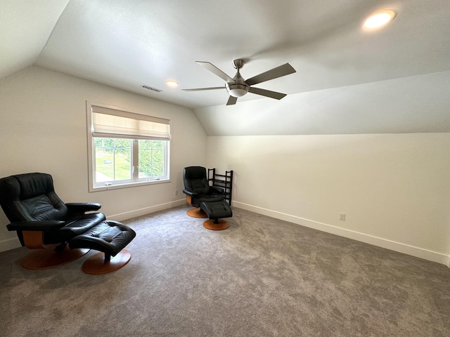 living area with lofted ceiling, a ceiling fan, baseboards, carpet flooring, and recessed lighting