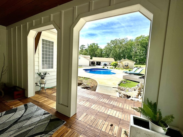 doorway with wood finished floors