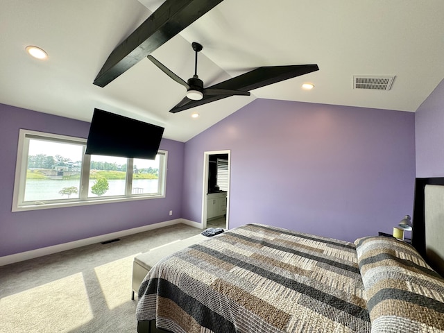 bedroom featuring carpet, baseboards, vaulted ceiling, ceiling fan, and recessed lighting
