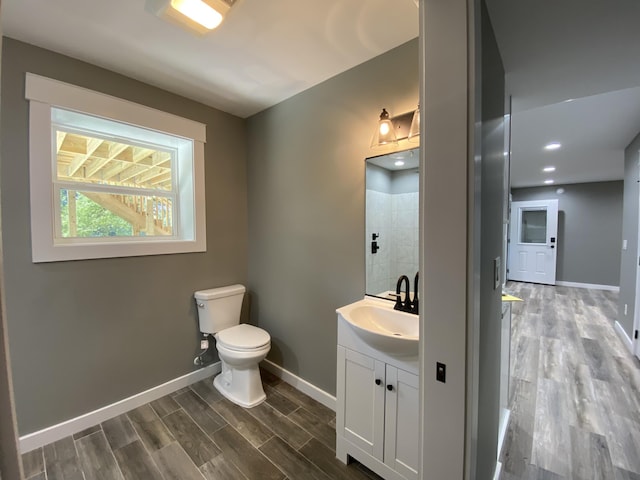 bathroom featuring vanity, wood-type flooring, and toilet