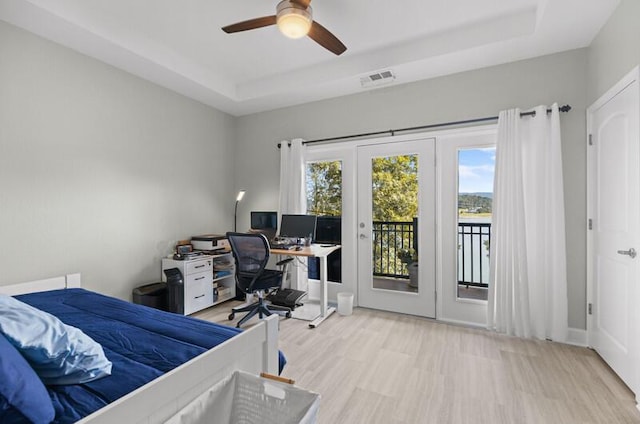 bedroom with access to exterior, multiple windows, and a tray ceiling